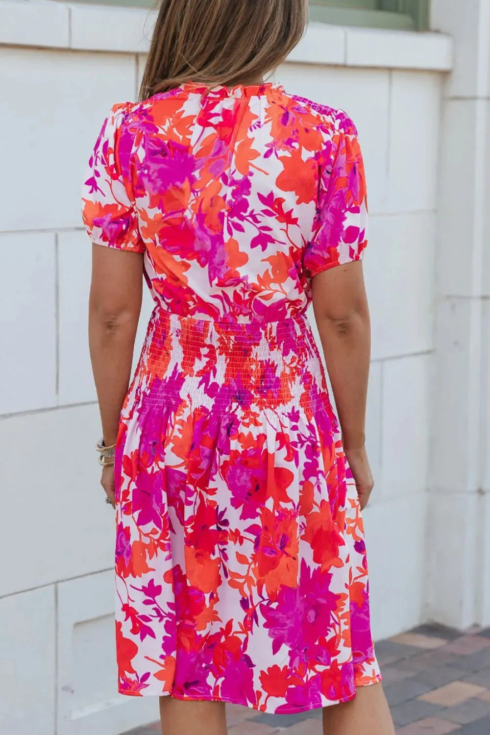 Smocked Printed Tie Neck Short Sleeve Dress Casual Dresses - Tophatter Daily Deals